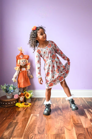 PUMPKIN FLORAL LONG SLEEVES DRESS