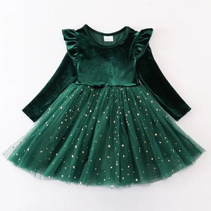 GREEN SPARKLE VELVET & TUTU DRESS