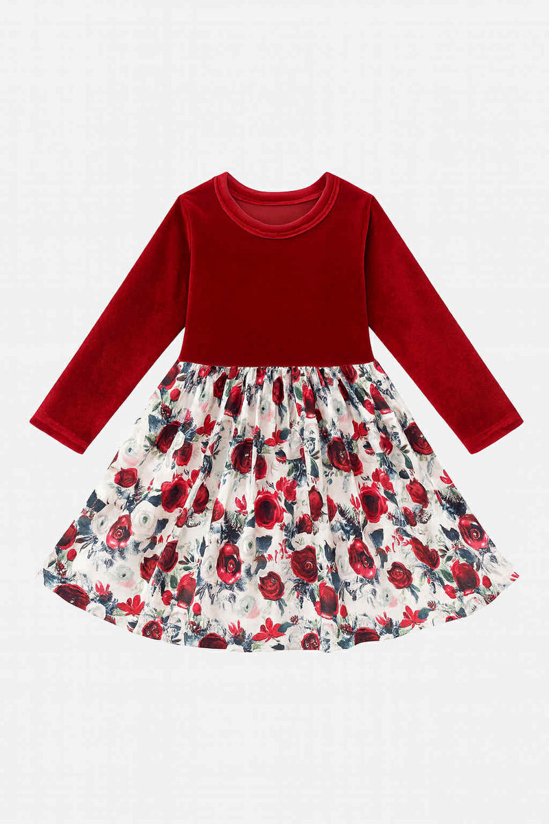 CHRISTMAS FLORAL AND VELVET DRESS