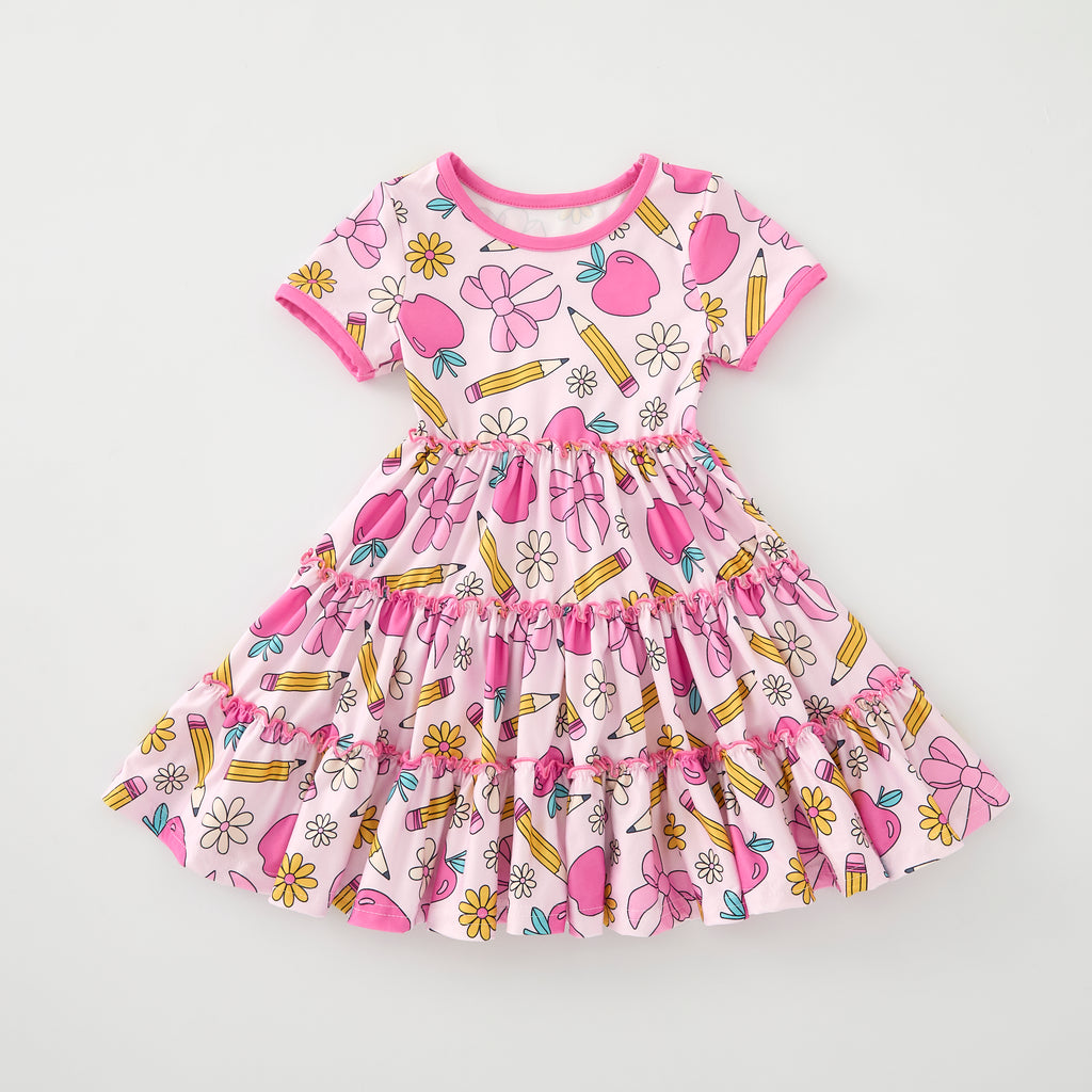 BACK TO SCHOOL PINK BOW PENCIL RUFFLE DRESS