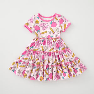 BACK TO SCHOOL PINK BOW PENCIL RUFFLE DRESS