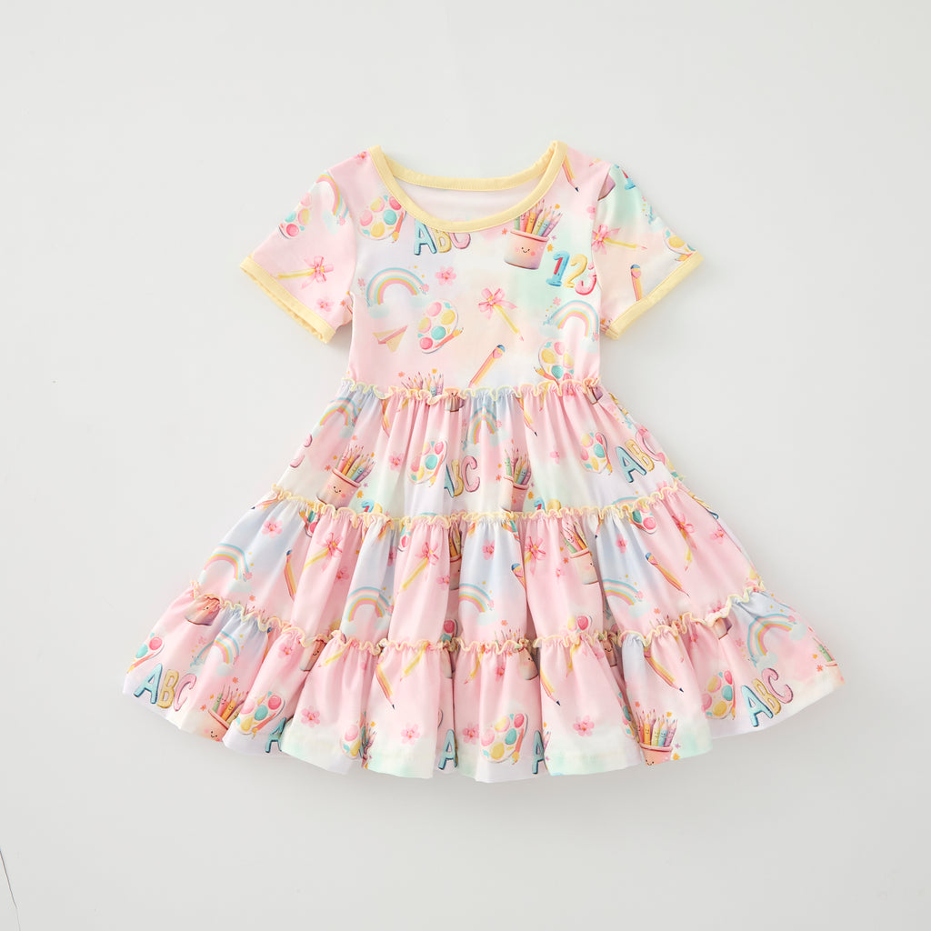 PASTEL BACK TO SCHOOL SUPPLIES RUFFLE DRESS - READY TO SHIP NOW!