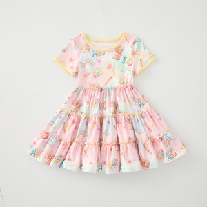 PASTEL BACK TO SCHOOL SUPPLIES RUFFLE DRESS - READY TO SHIP NOW!