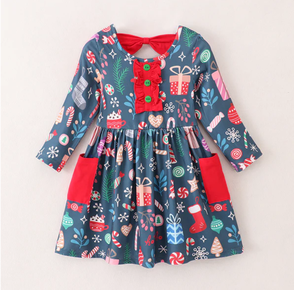 CHRISTMAS BACK BOW AND POCKET DRESS