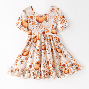 PUMPKIN FLORAL BACK BOW DRESS - Fall2025