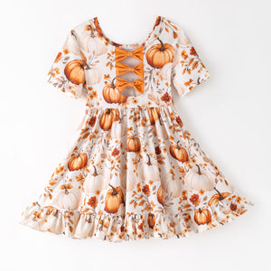 PUMPKIN FLORAL BACK BOW DRESS - Fall2025