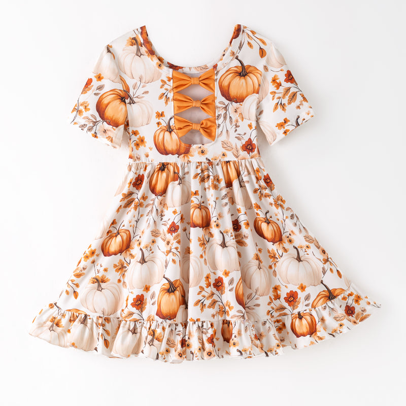 PUMPKIN FLORAL BACK BOW DRESS - Fall2025