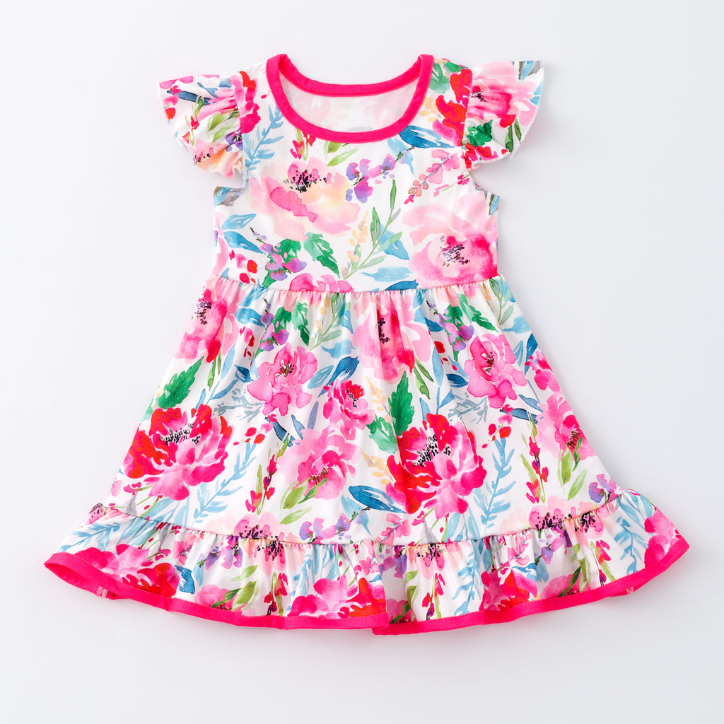 HOT PINK SPRING FLORAL FLUTTER  DRESS