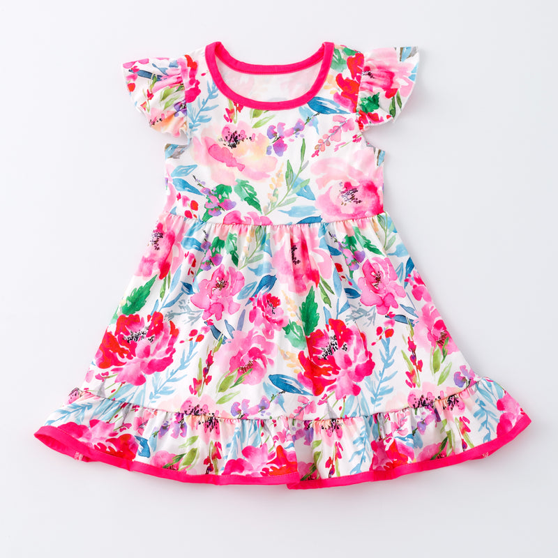 HOT PINK SPRING FLORAL FLUTTER  DRESS
