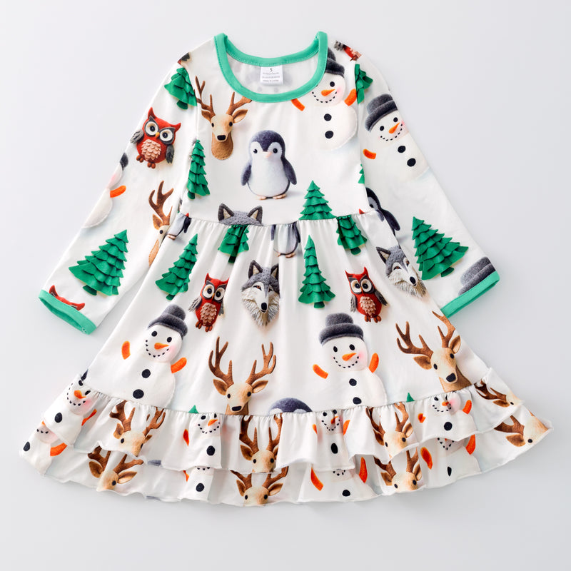 WINTER ANIMALS RUFFLE DRESS