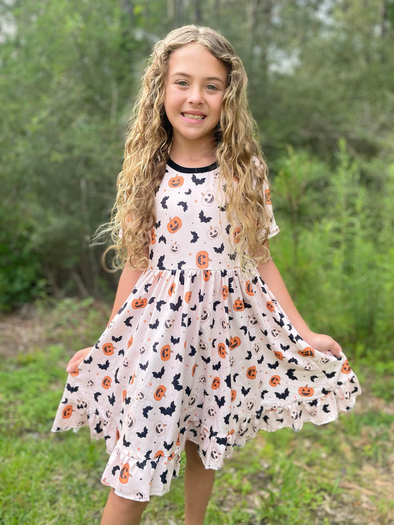 PUMPKIN AND BATS RUFFLE DRESS