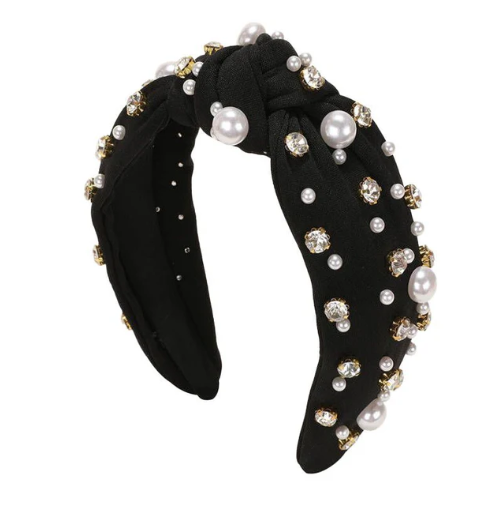 RHINESTONE PEARL HEADBAND -  BLACK