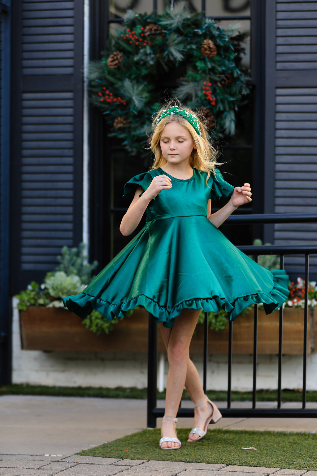 GRACE SATIN TWIRL DRESS - GREEN - Christmas2025 Pre-order