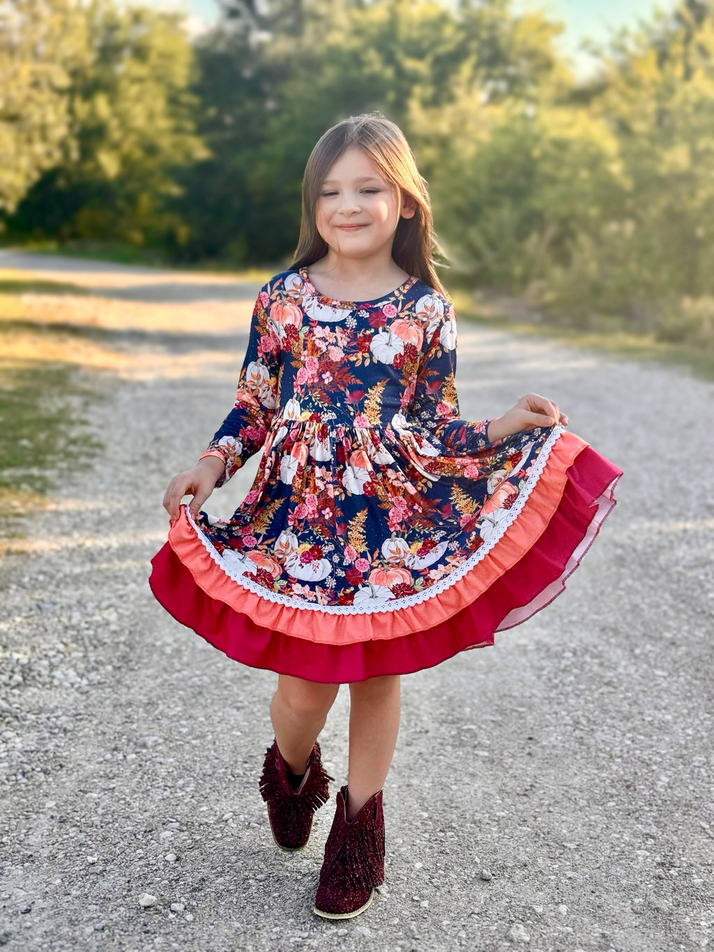 PUMPKIN FLORAL RUFFLE DRESS