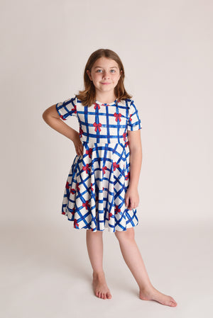 PATRIOTIC CHECKERED BOW TWIRL DRESS