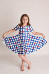 PATRIOTIC CHECKERED BOW TWIRL DRESS