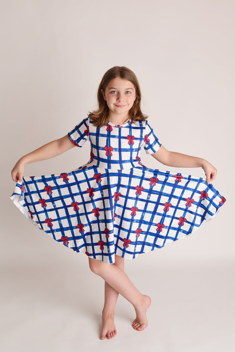 PATRIOTIC CHECKERED BOW TWIRL DRESS