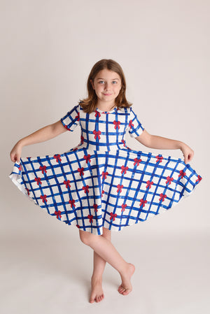 PATRIOTIC CHECKERED BOW TWIRL DRESS