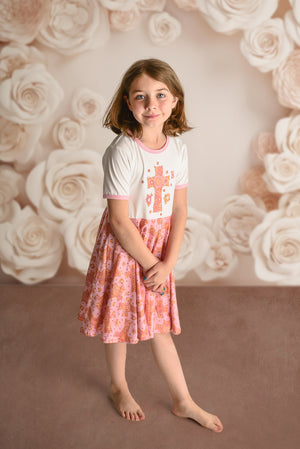 EASTER PINK FLORAL CROSS TWIRL DRESS