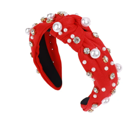 RHINESTONE PEARL HEADBAND - RED