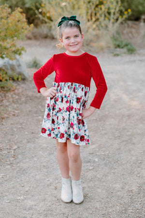 CHRISTMAS FLORAL AND VELVET DRESS