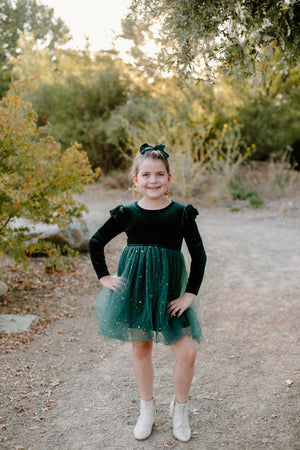 GREEN SPARKLE VELVET & TUTU DRESS