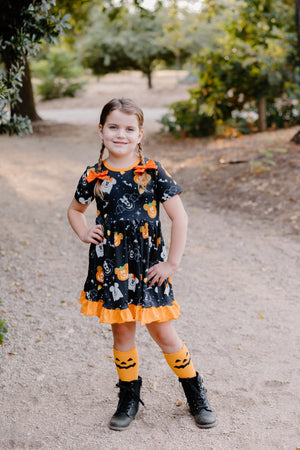 SPOOKY PUMPKIN & CANDY CORN RUFFLE DRESS