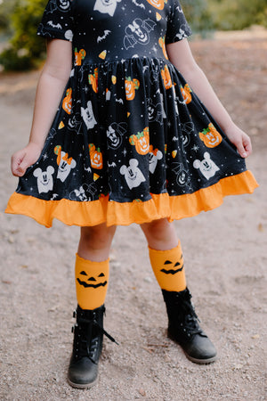 SPOOKY PUMPKIN & CANDY CORN RUFFLE DRESS