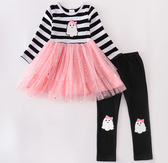 GHOST STRIPE TUTU DRESS LEGGINGS SET