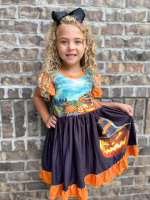 SPOOKY PUMPKIN  TWIRLY DRESS - ORANGE