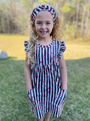 RED HEARTS WITH BLACK AND WHITE STRIPE DRESS