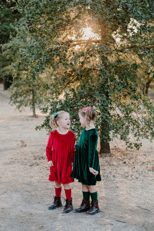 ELIZE VELOUR RUFFLE DRESS - RED