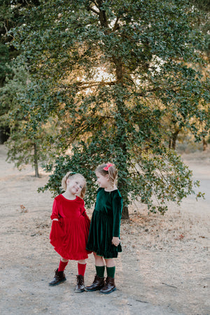 ELIZE VELOUR RUFFLE DRESS - RED