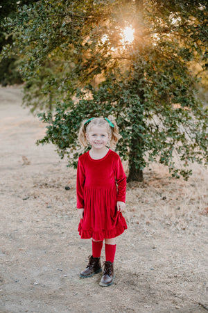 ELIZE VELOUR RUFFLE DRESS - RED