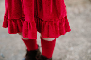 ELIZE VELOUR RUFFLE DRESS - RED