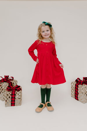 RED BUTTONED WITH POCKET TWIRL DRESS