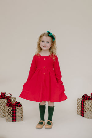 RED BUTTONED WITH POCKET TWIRL DRESS